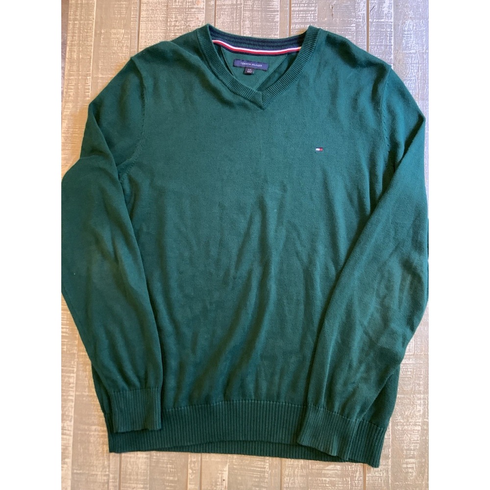 Tommy Hilfiger Mens V Neck Sweater Long‎ Sleeve Green Cotton Blend Large